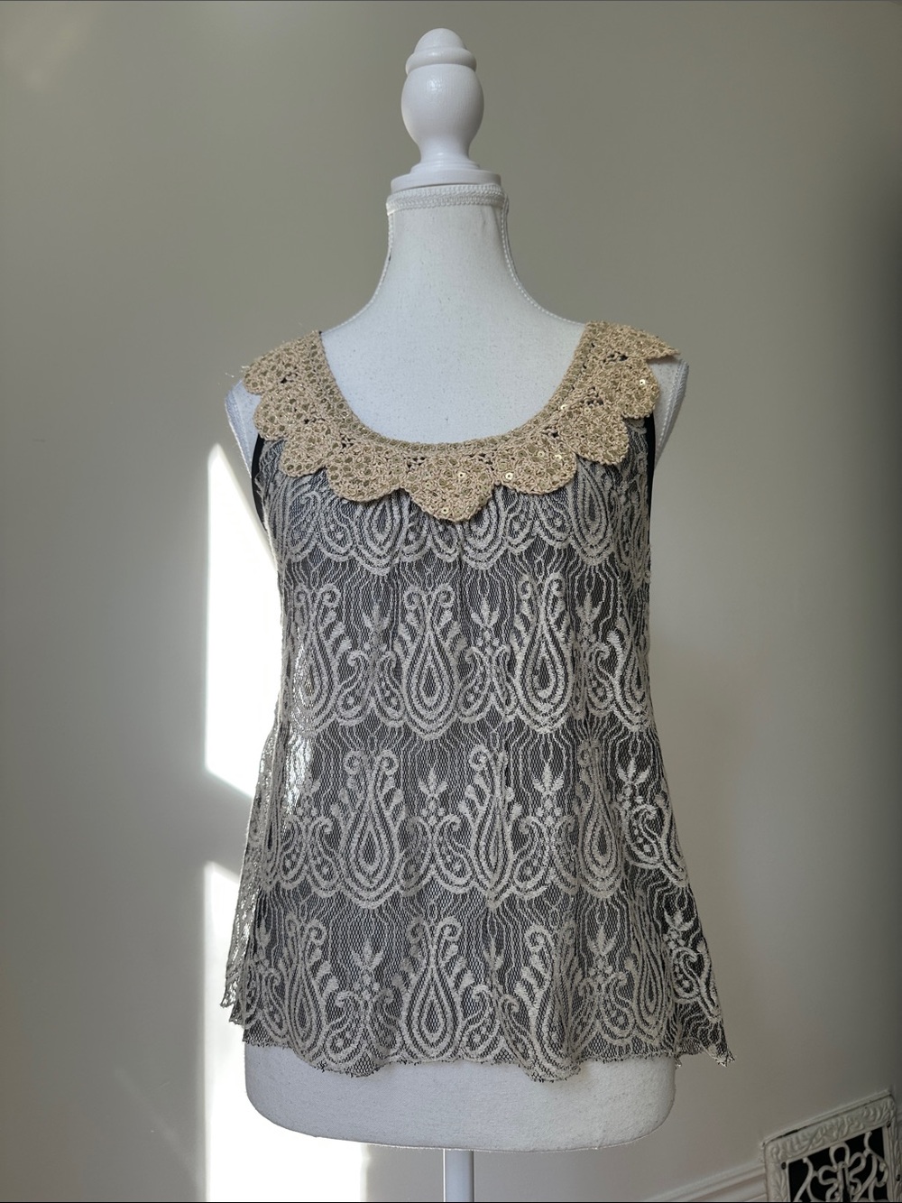PINKY Sheer Lace Scalloped Sequins Collar Y2K Preppy Twee Tank Top Small